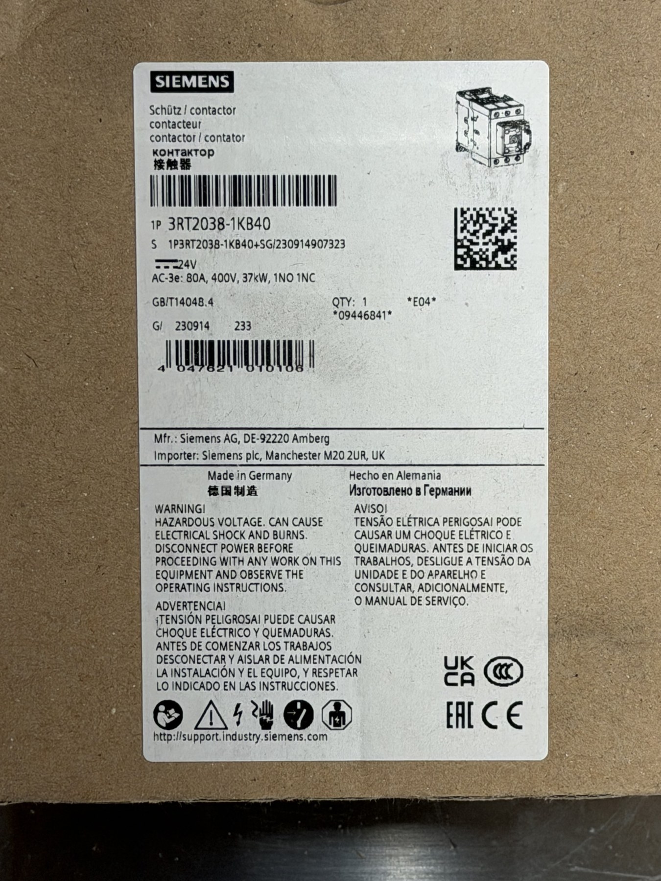 Siemens SIRIUS 3RT2038-1KB40 Contactor 80A 24V DC 1NO 1NC thumbnail 4
